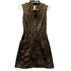 Cache Utility Shirt Dress Metallic Brown Button Front Sleeveless 6